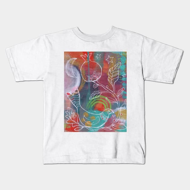 Winter Bird and Pomegranate Kids T-Shirt by gaea